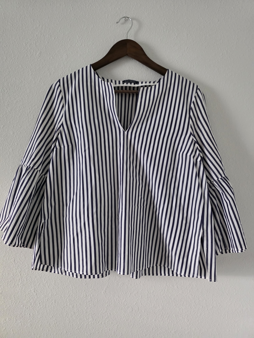 Navy and White Striped V-Notch Bell Sleeve Blouse